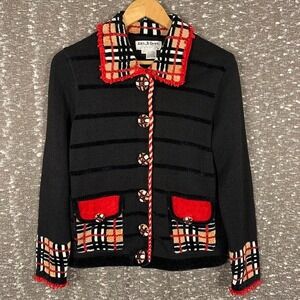 Vtg Jack B Quick Novelty Knit Cardigan Sweater Small Plaid Fringed Tartan Red